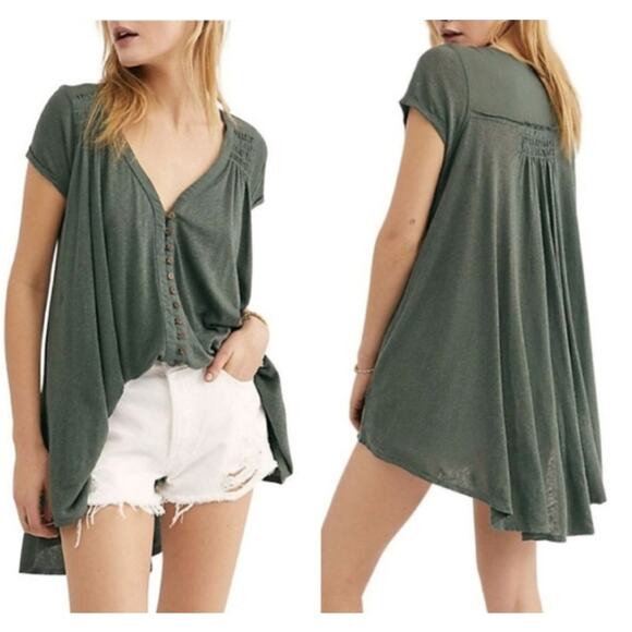 Free People Top Women Size XS Highland Button Front Cap Sleeve Swing Boho Hippie - Picture 1 of 11